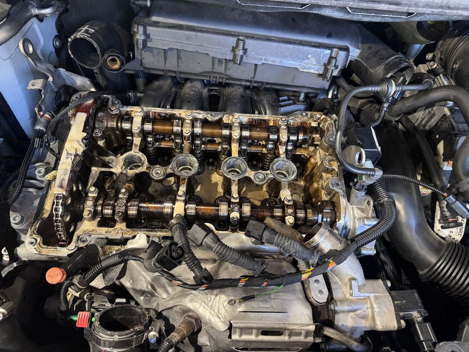Engine with the cam cover removed, showing both camshafts