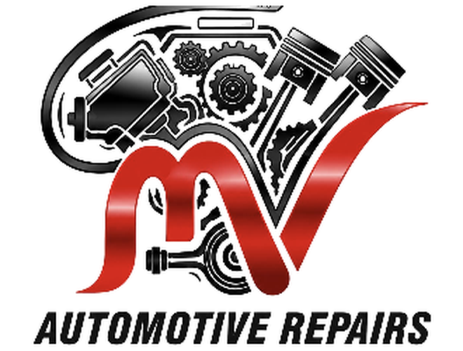 MV Automotive Repairs logo: an engine with pistons and gears above a red MV