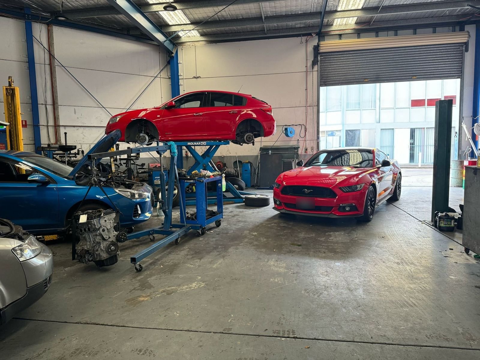 Inside the workshop: a red hatchback raised on a hoist, a red Ford Mustang and an engine on a stand